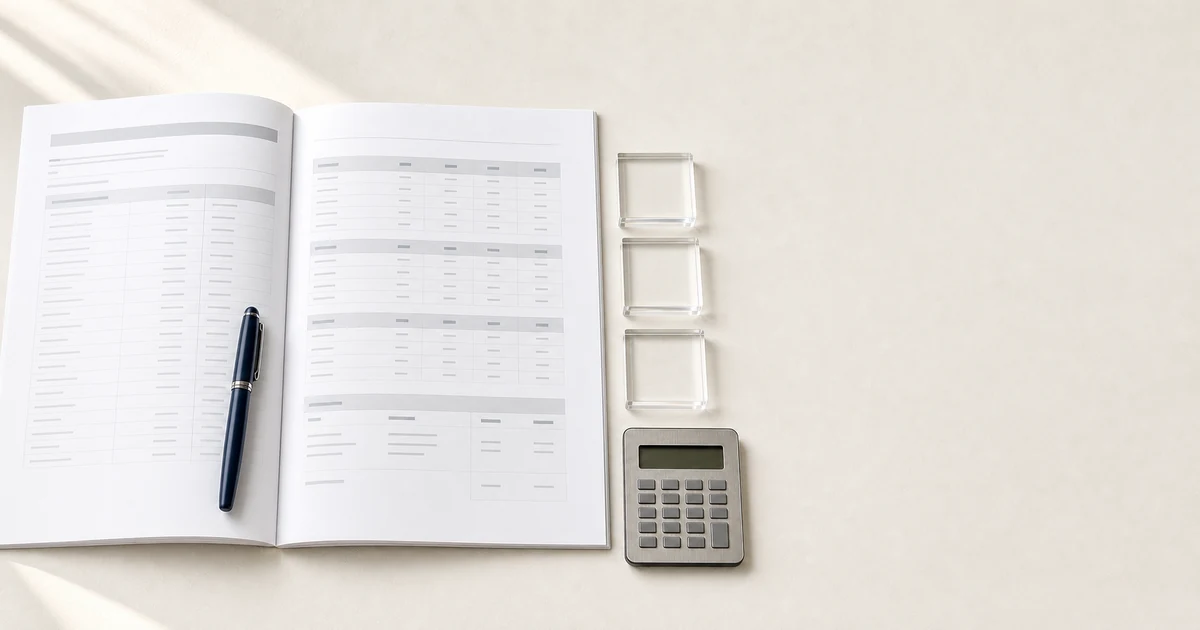 Editorial overhead shot of an acrylic quote document beside polished cast acrylic display samples and a calculator on a clean desk, soft natural light, B2B procurement context