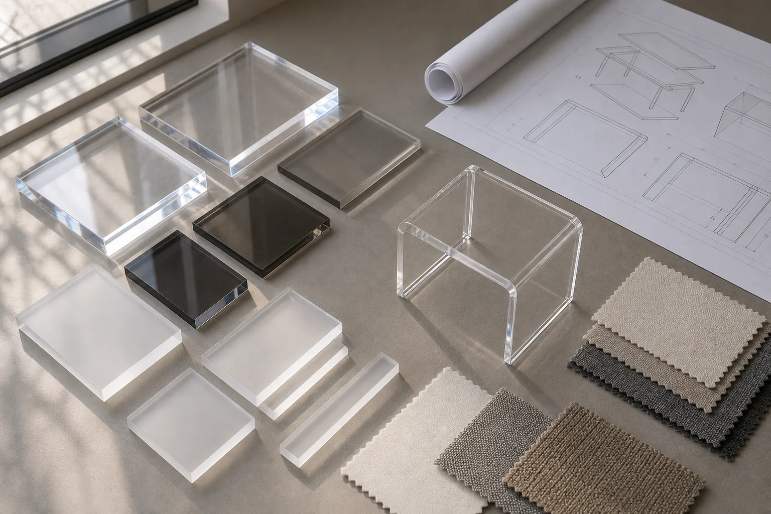 Designer's desk with acrylic material swatches, fabric samples, and technical drawings