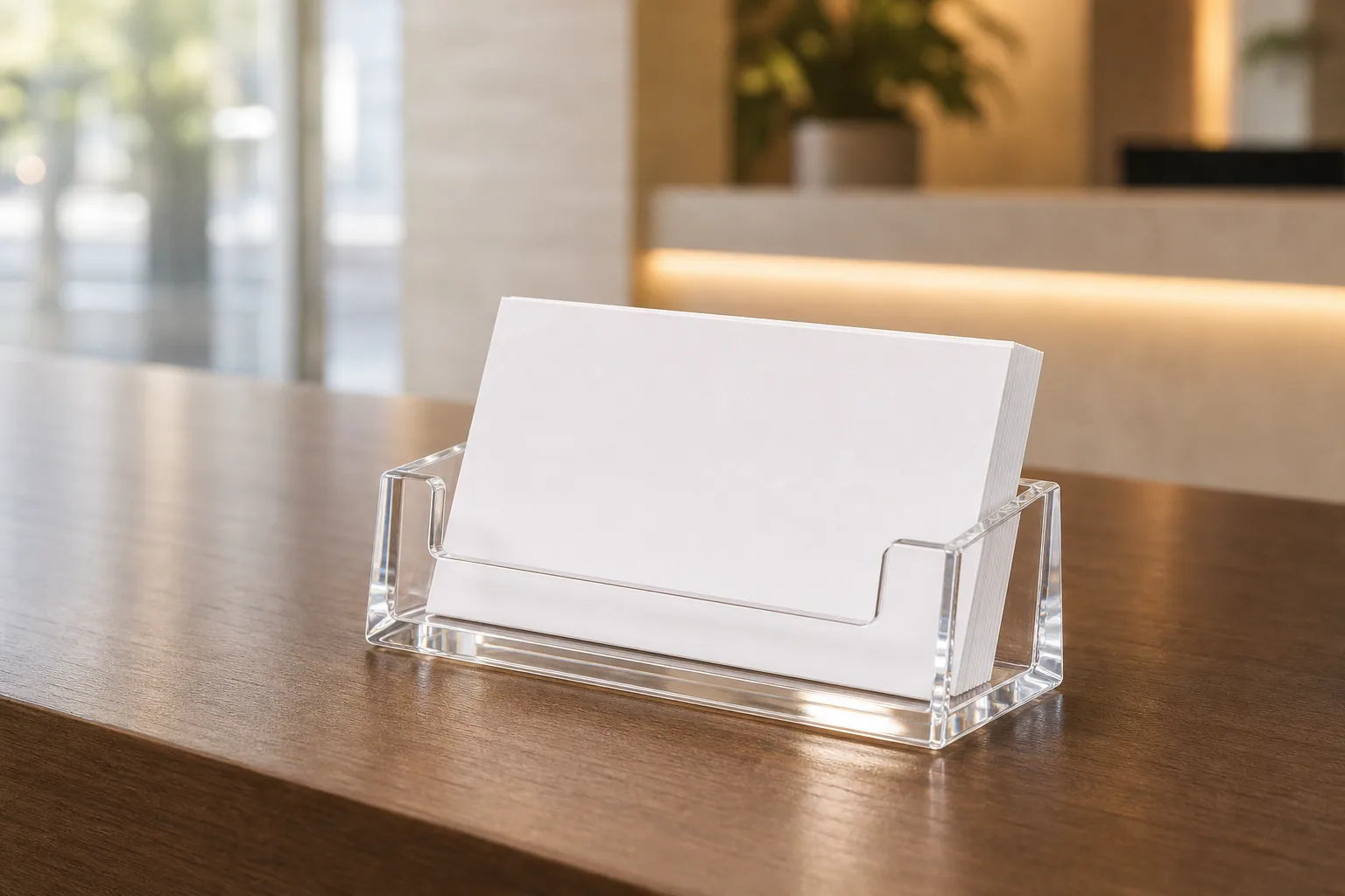 Clear acrylic custom business card holder with a low polished front lip holding a neat stack of business cards on a reception desk