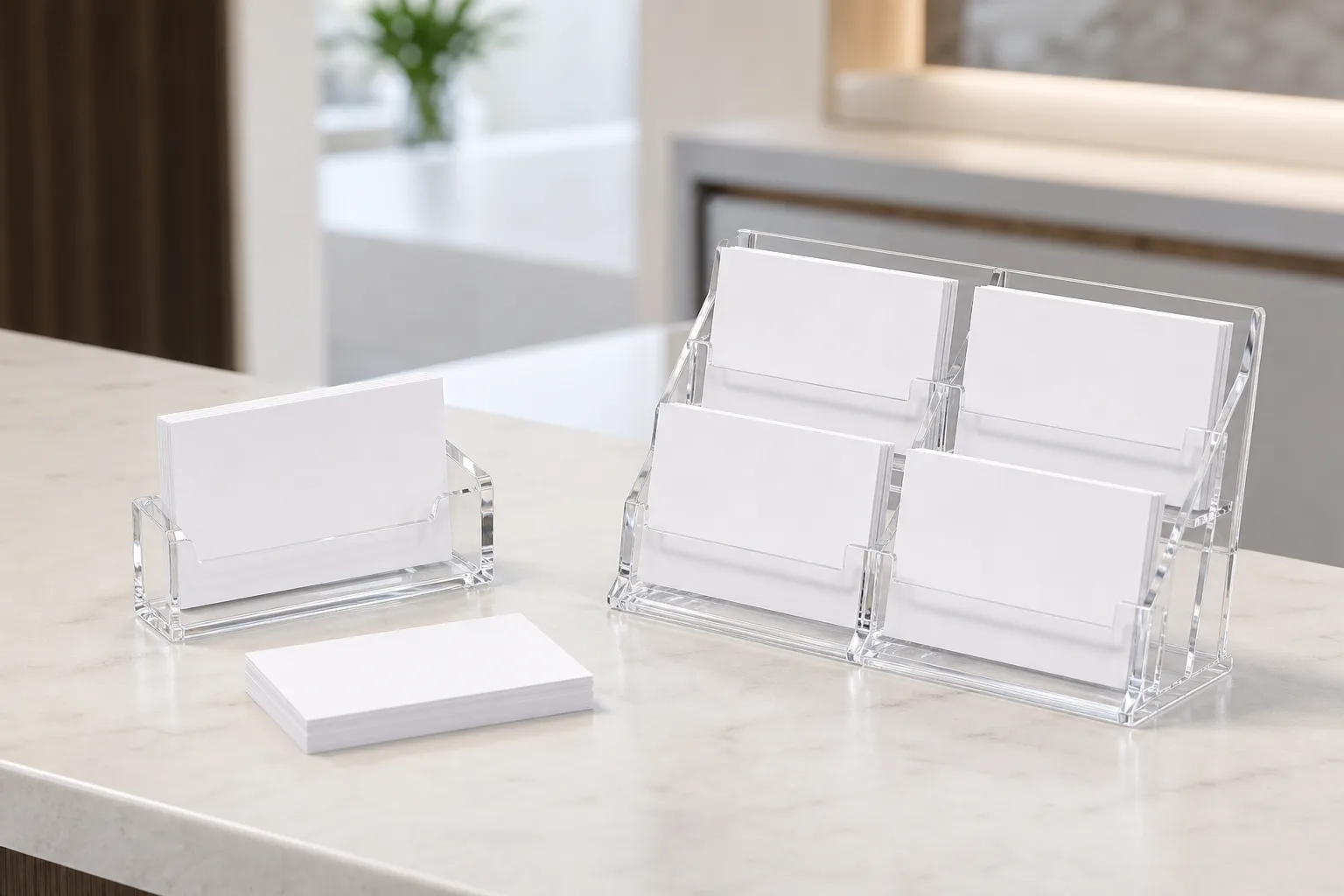Clear acrylic custom business card holder with a low front lip holding a neat stack of business cards, beside a multi-pocket acrylic card holder on a reception counter
