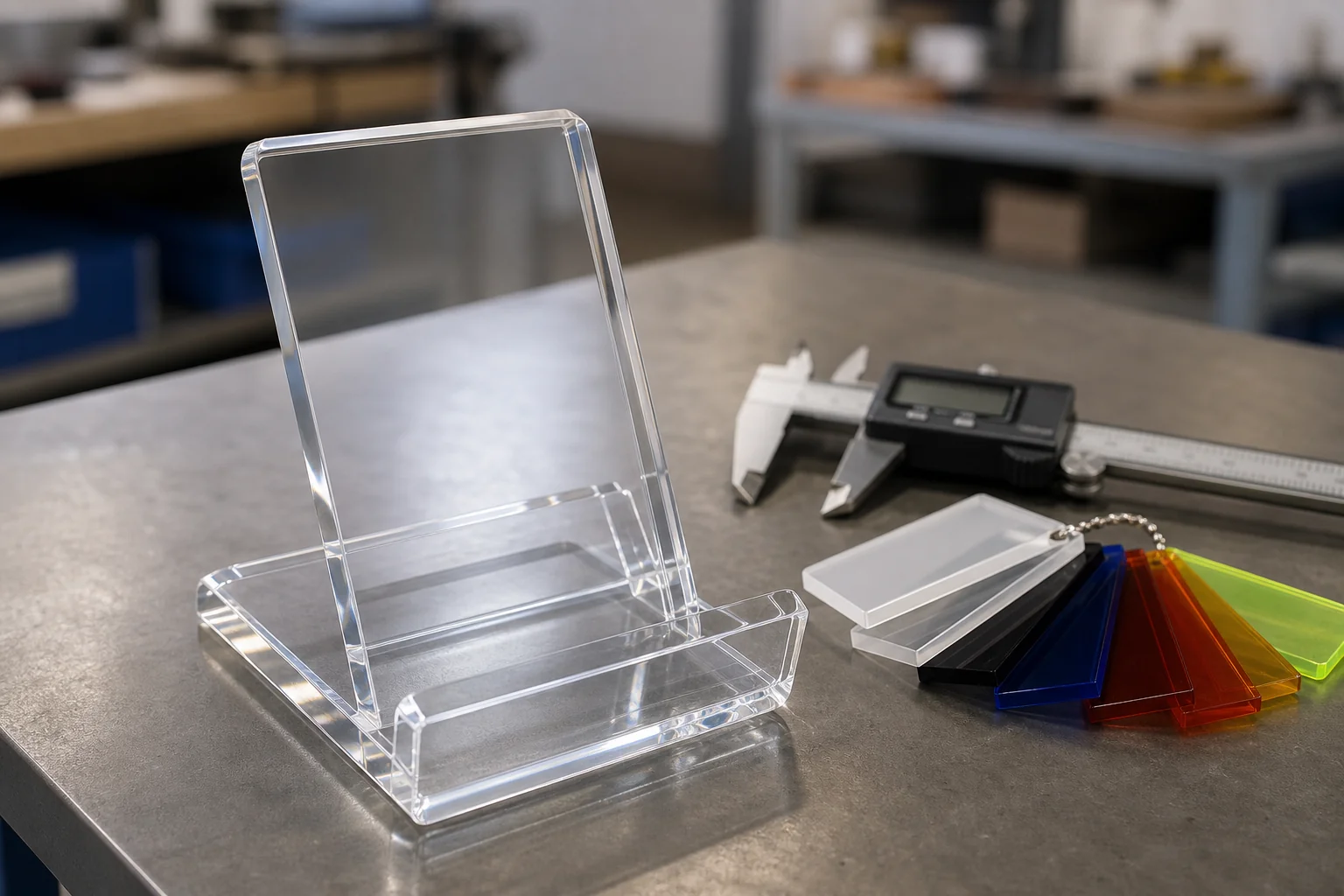 Custom acrylic display stand sample on a workbench beside calipers and acrylic color swatches, glossy cast PMMA catching light at the beveled edges