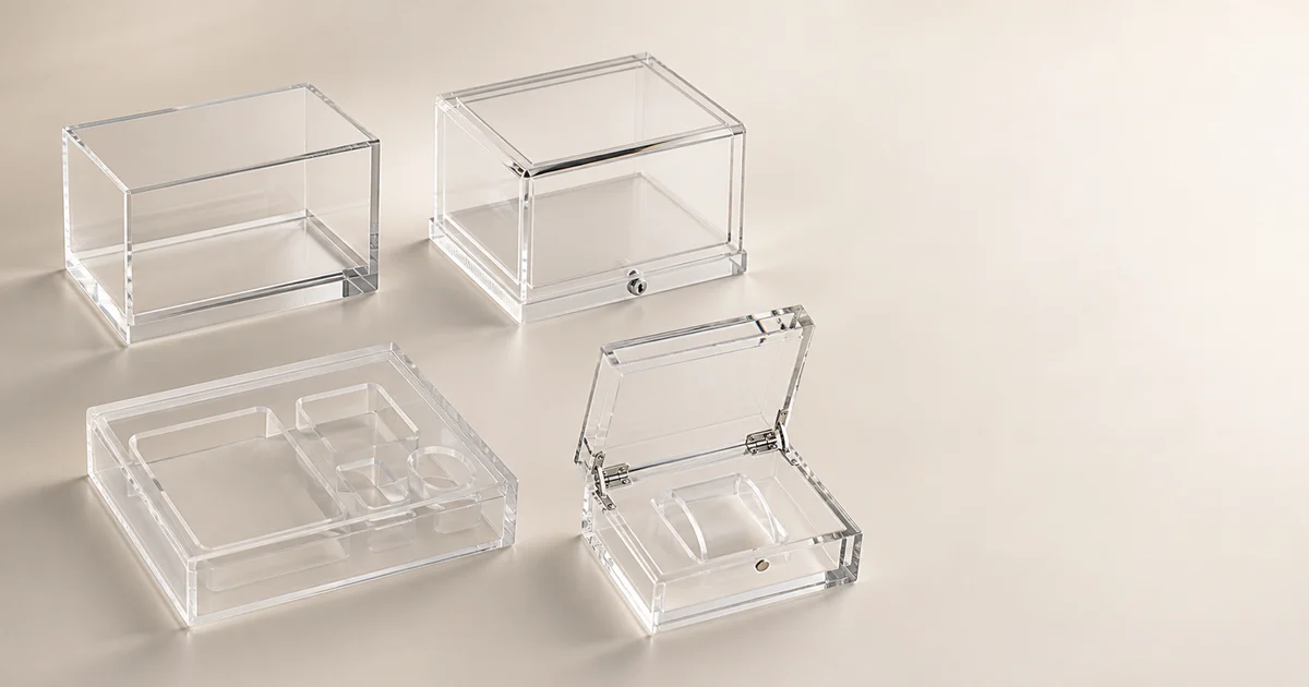Editorial overhead showing 4 different acrylic case types arranged as a 2x2 grid (retail / archival / OEM packaging / collector), each labeled with its intent placeholder
