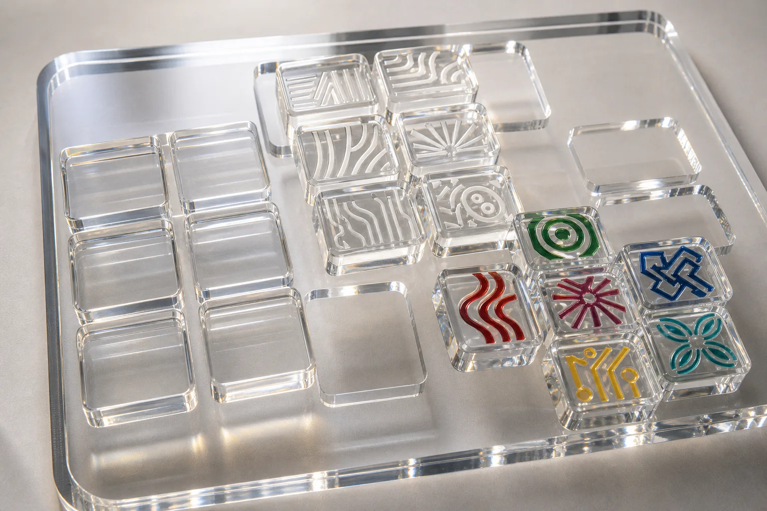 Custom mahjong tile manufacturer cost anatomy — engraved cast acrylic mahjong tiles in production stages beside a CNC-cut acrylic sheet, showing the substrate and engraving work behind FOB pricing