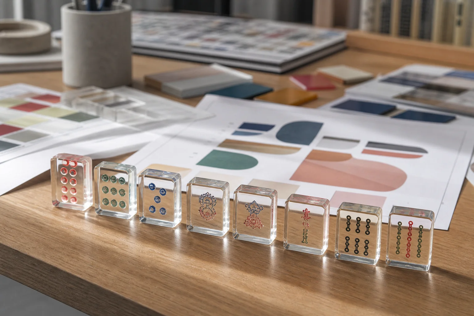 Designer's desk with printed mahjong tile artwork sheets, color swatch chips, and a row of finished translucent acrylic mahjong tiles
