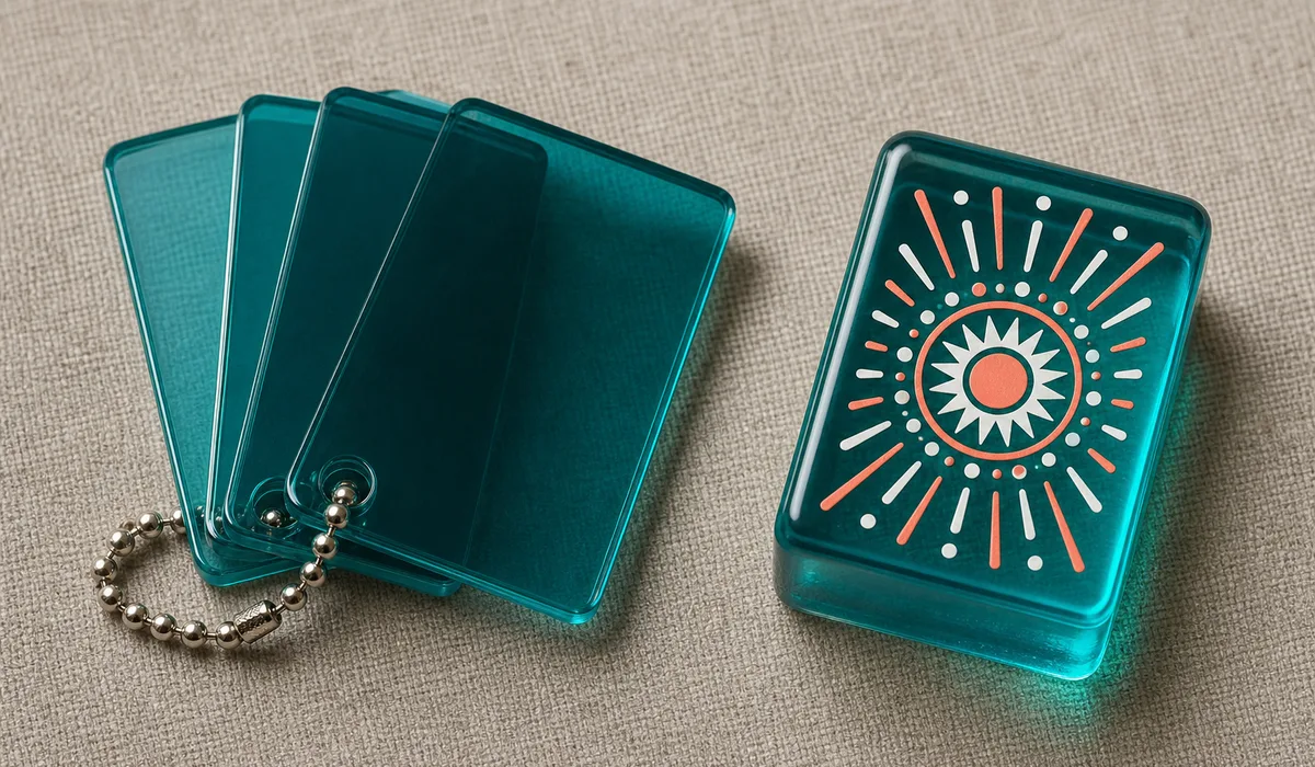 Acrylic color swatch chips laid flat beside a finished translucent custom mahjong tile showing the matched color
