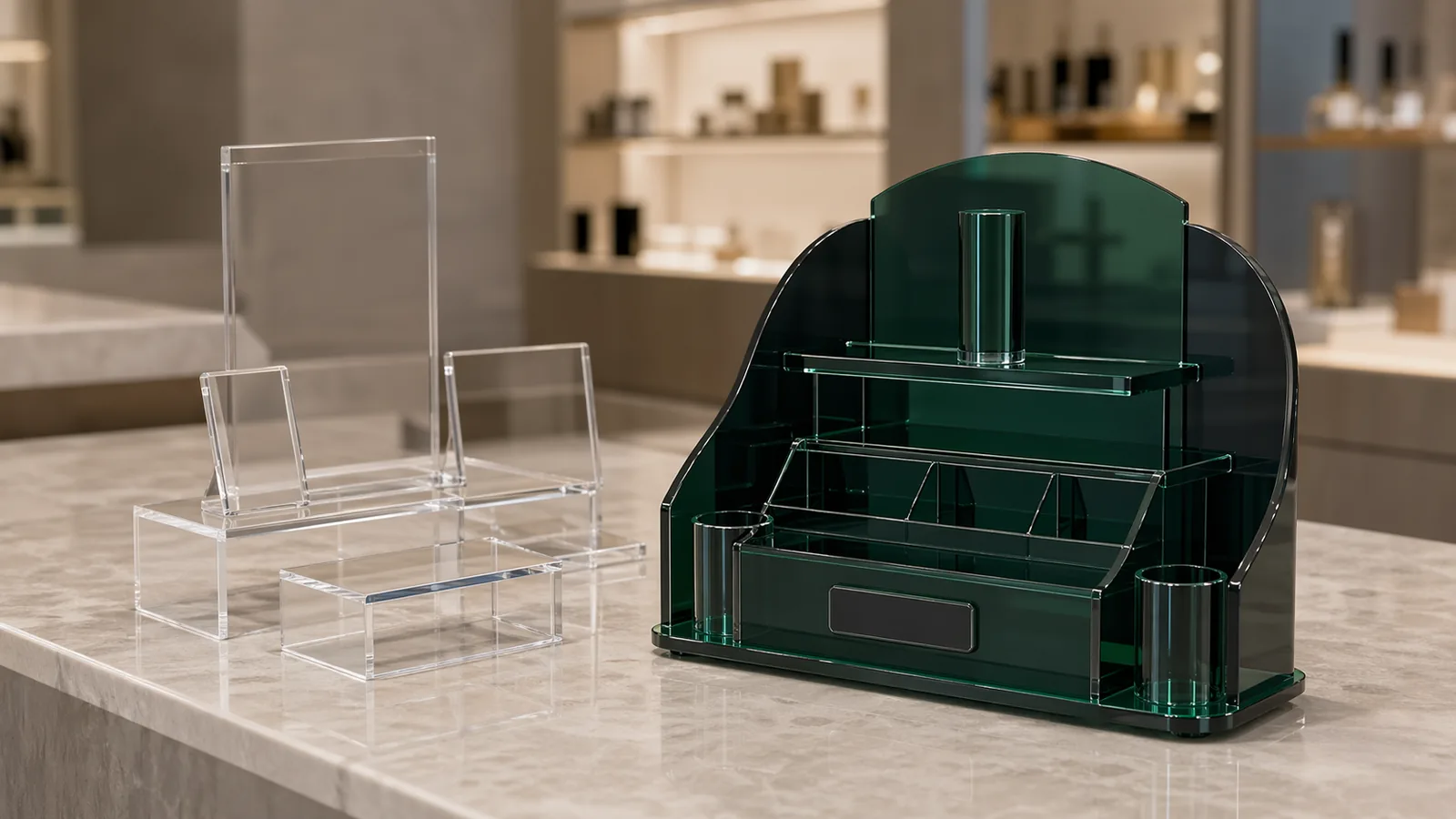 Custom brand-color PMMA POP display beside standard stock clear acrylic display holders on a retail countertop