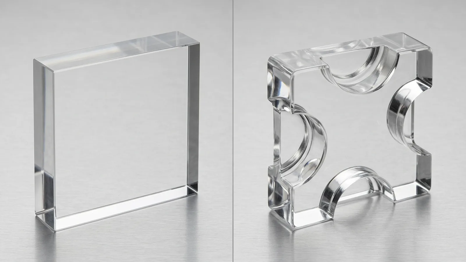 Close-up of a diamond-polished and flame-polished acrylic edge side by side under lighting