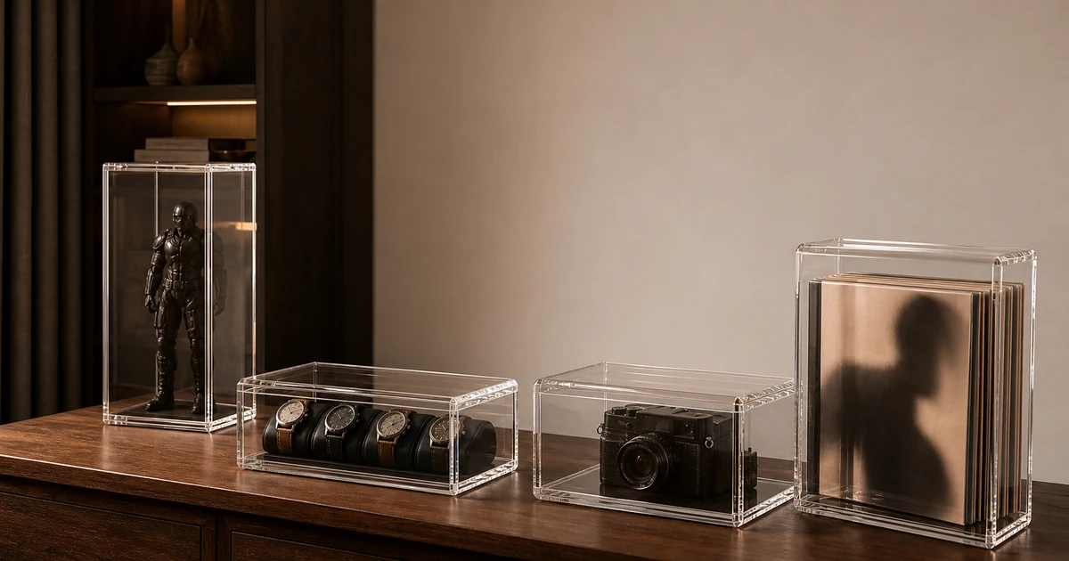 Editorial collector's room with 4 different acrylic display cases in shot — vertical action figure, horizontal watch box, top-down camera display, vinyl-record vertical sleeve case