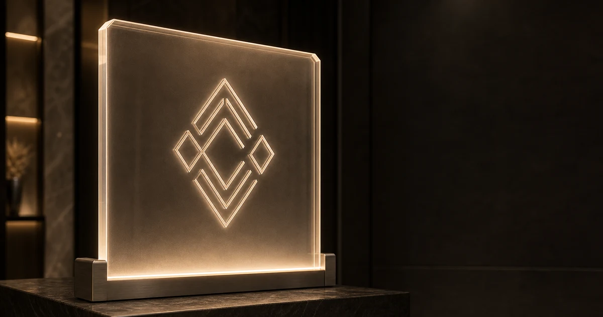 Macro shot of an edge-lit cast PMMA panel glowing along the bottom rim with internal light passage visible at the laser-engraved logo, dim retail lighting, premium brand-statement display