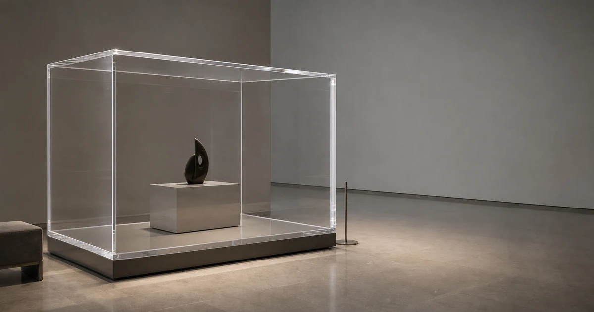 Museum gallery with an extra-large acrylic display case enclosing a single artifact, scale visible from human-equivalent reference, soft gallery light
