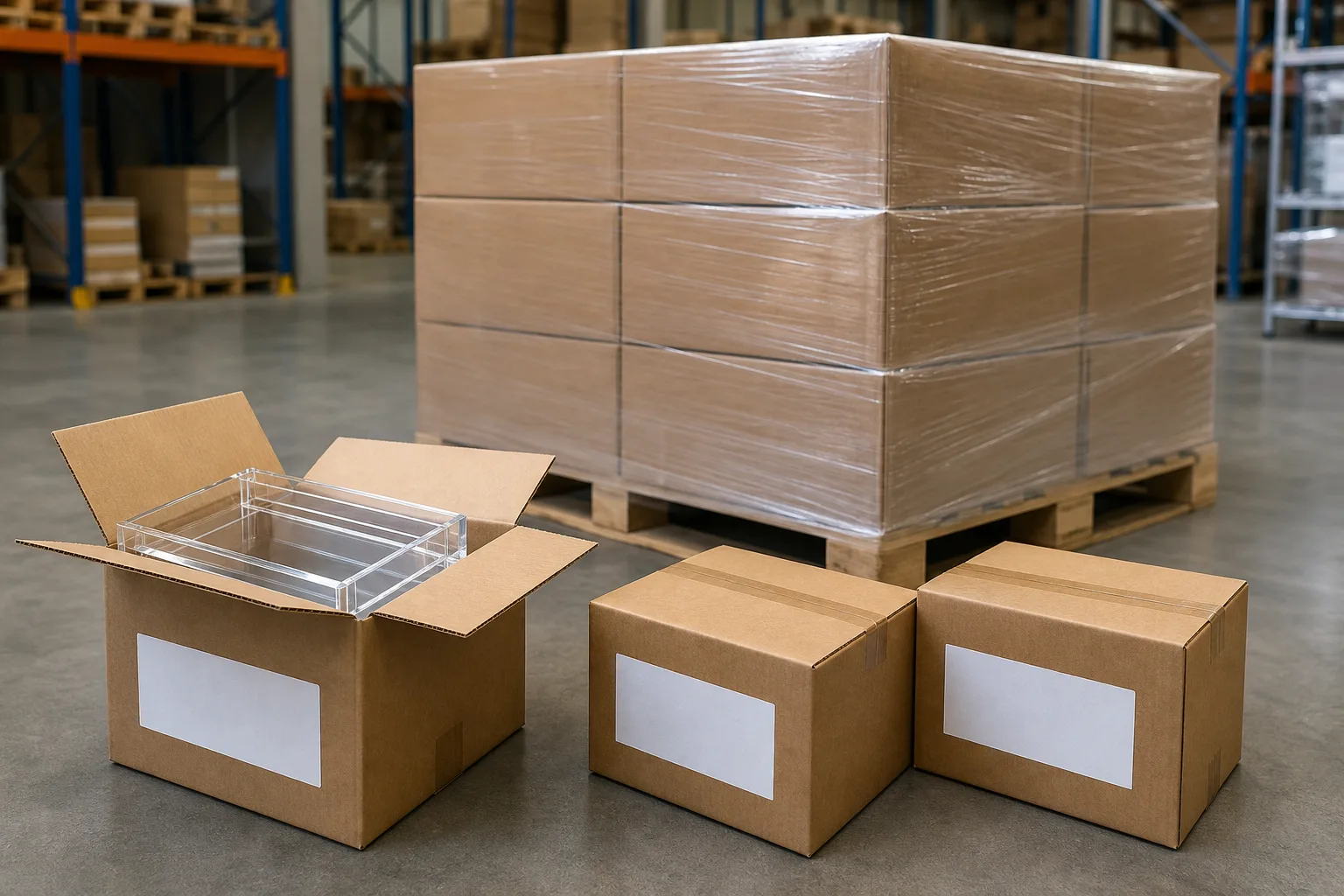Courier-ready export cartons of custom acrylic trays labeled for DDP door delivery beside a palletized FOB ocean shipment in a Shenzhen warehouse