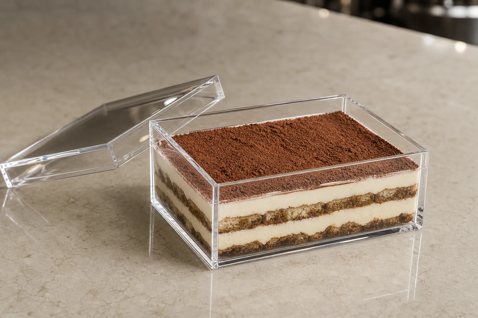 Clear food safe acrylic box with a lift-off lid holding a layered tiramisu dessert, glossy polished cast PMMA edges catching soft light on a cafe counter