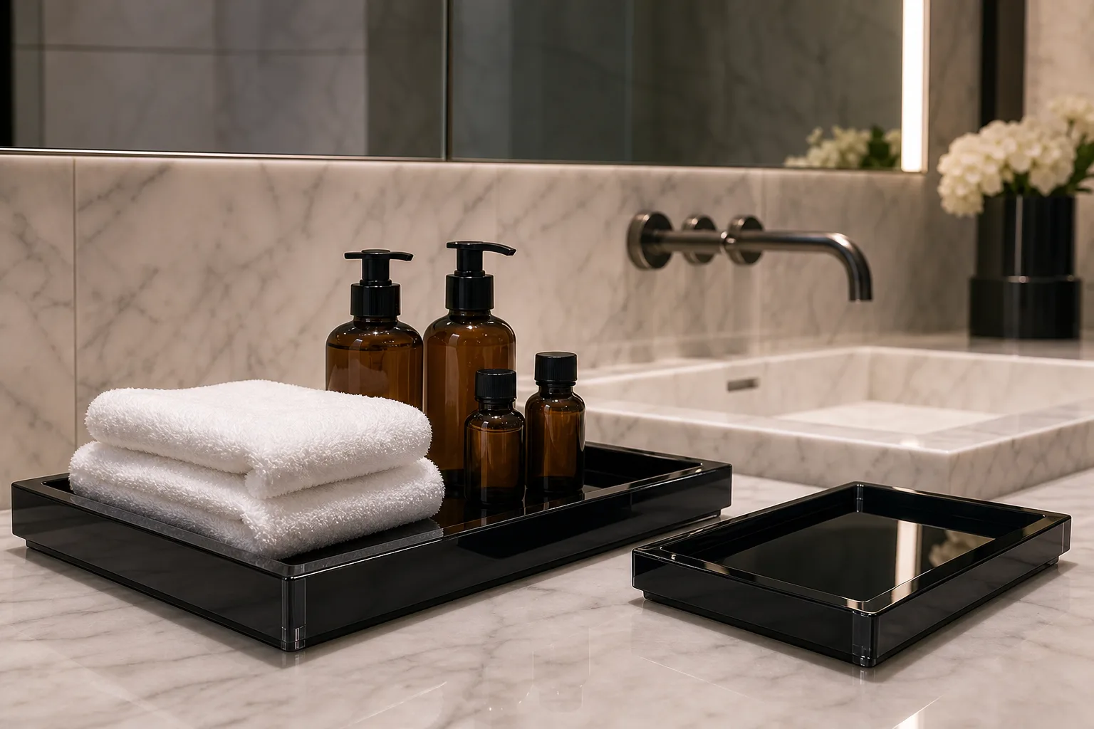 Black acrylic hotel vanity tray holding folded towels and toiletry bottles on a marble bathroom counter, with a matching amenity tray beside the basin