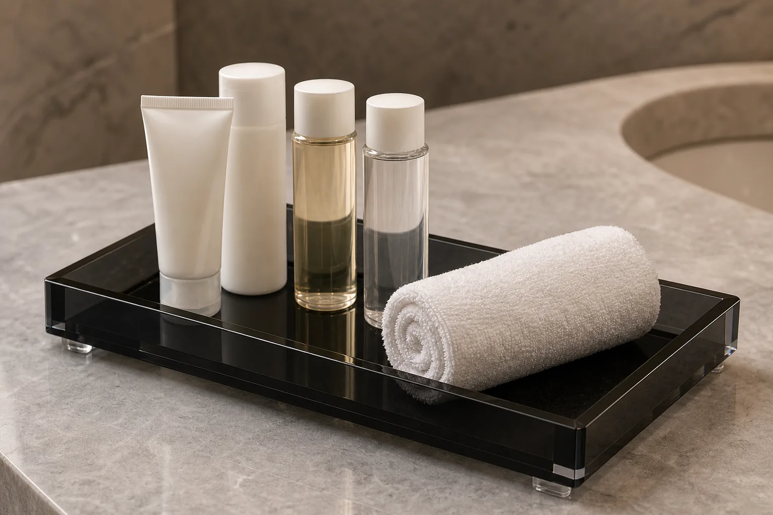 Glossy black acrylic hotel amenity tray with a raised rim holding toiletry bottles and a rolled hand towel on a stone vanity counter, light catching the polished acrylic edges