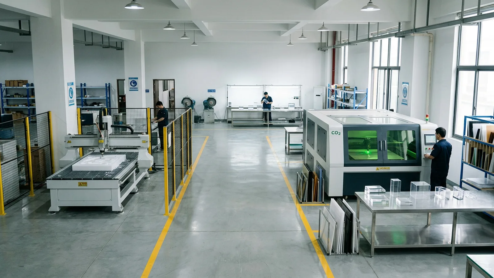 Wetop's acrylic production floor with CNC and laser equipment used for repeat production programs
