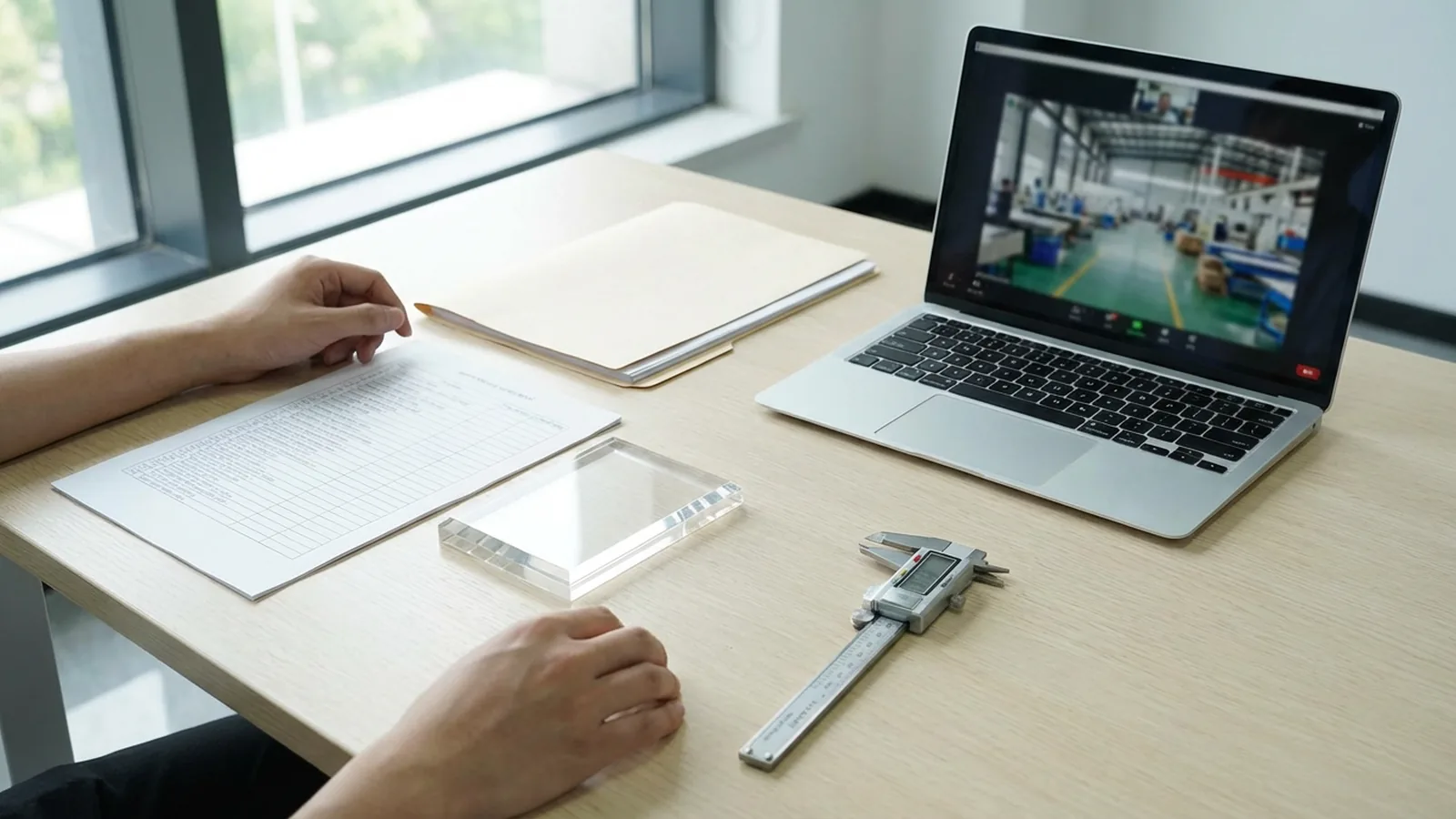 Buyer evaluating acrylic supplier quote documents alongside sample acrylic products