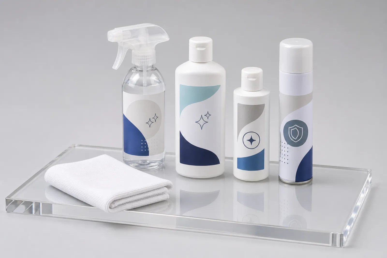 Lineup of four acrylic-safe cleaner containers for plexiglass display maintenance on a clear acrylic panel with a folded microfiber cloth