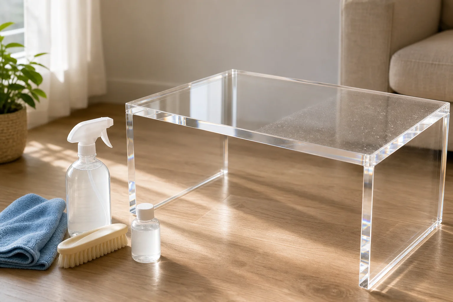 Cleaning supplies laid out next to a crystal-clear acrylic side table under soft studio lighting