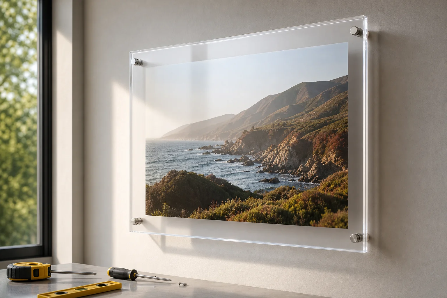 Acrylic floating frame being wall-mounted with four polished standoff barrels at the corners — how to hang acrylic frame hardware laid out below