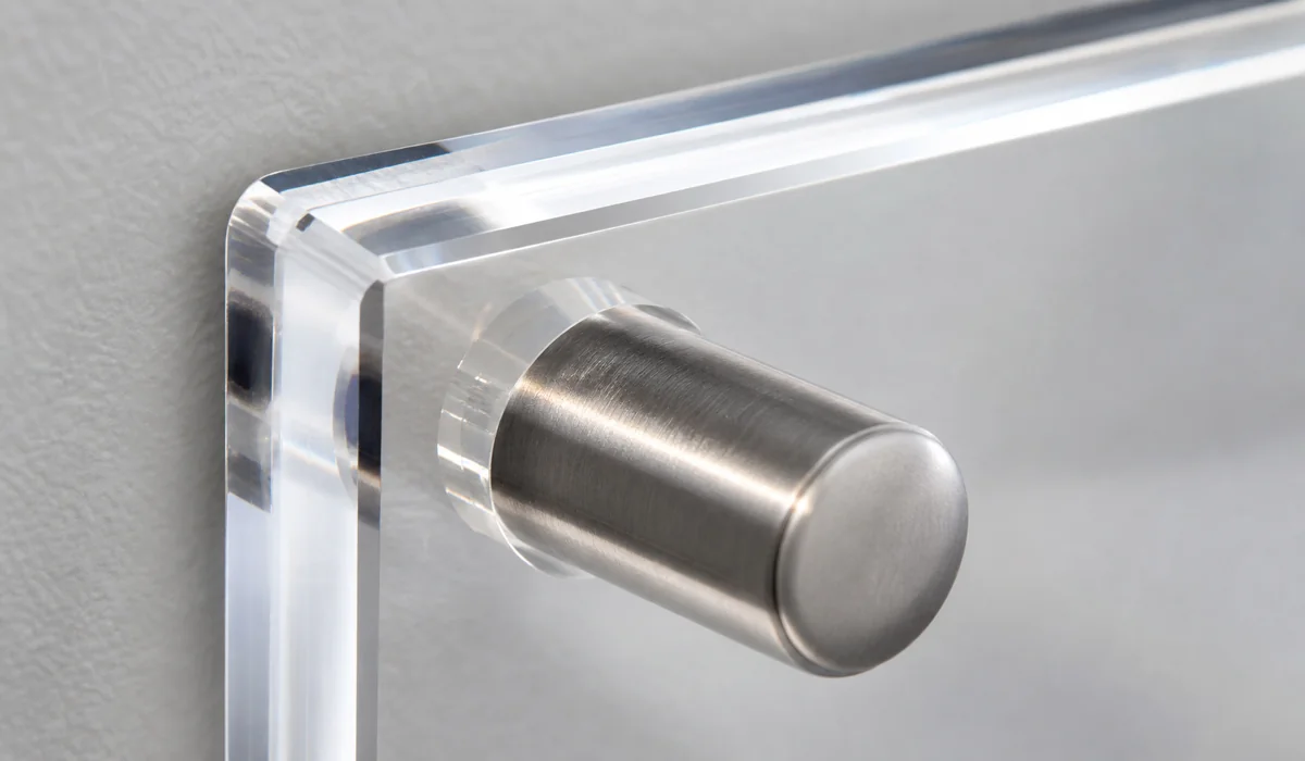Macro of a polished standoff barrel passing through a pre-drilled acrylic frame corner hole, edge refraction visible in the clear PMMA panel