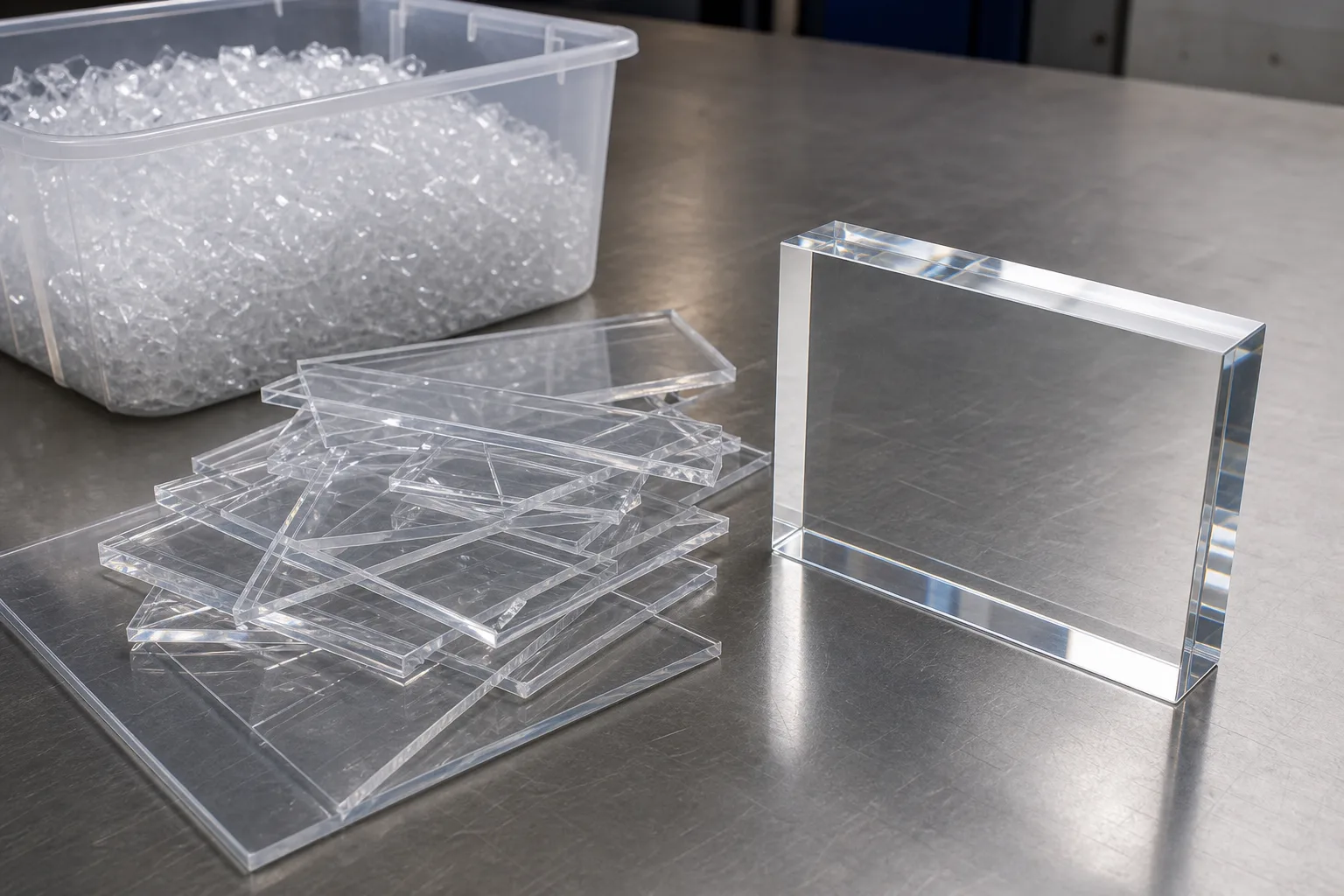 Clear cast acrylic offcuts and regrind flake sorted in bins beside a finished transparent PMMA display block, illustrating acrylic recycling routes