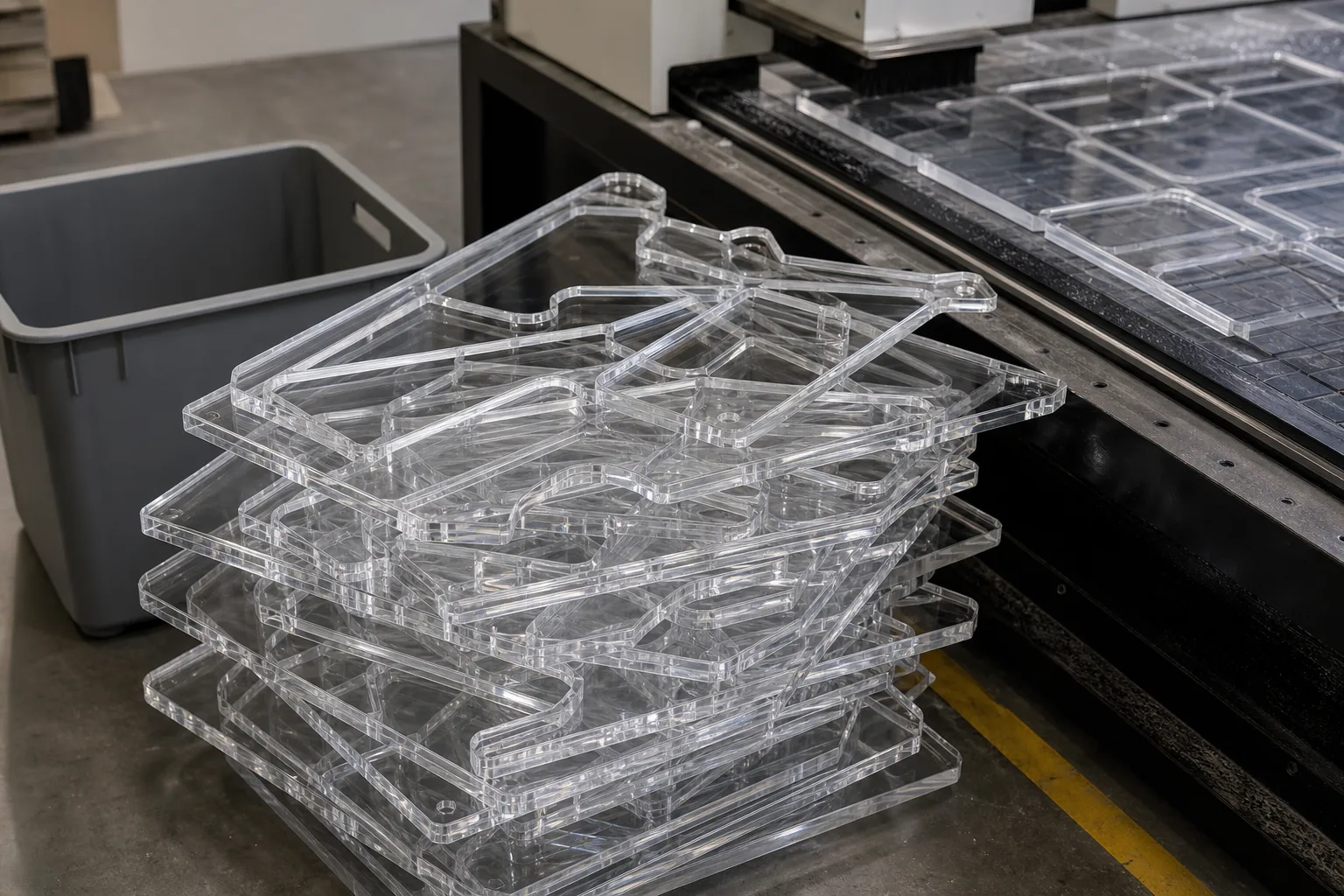 Sorted clear PMMA acrylic sheet offcuts stacked beside a CNC cutting bed, with a bin of regrind-ready acrylic scrap in a fabrication workshop
