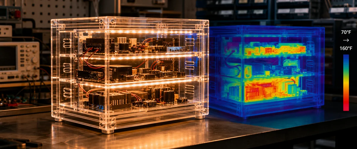 LED-lit acrylic display cabinet with thermal-imaging false-color overlay showing internal heat distribution — engineering test scene with thermal scale 70°F to 160°F