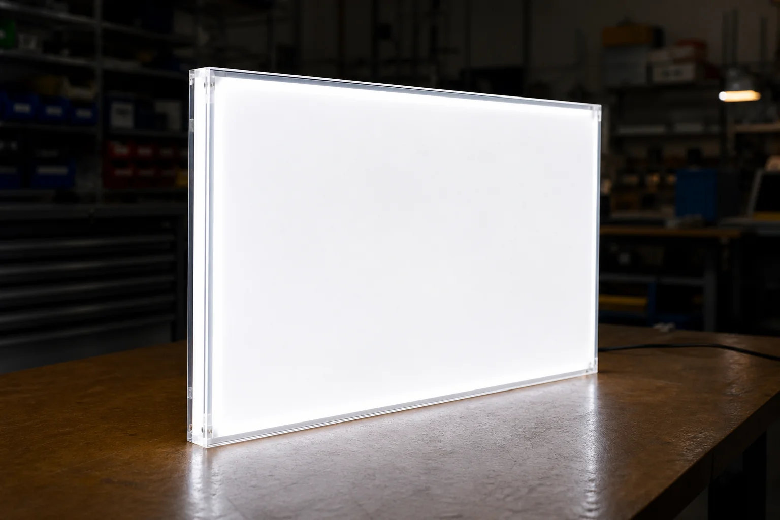 Slim edge-lit acrylic LED light box frame glowing on a workshop bench during first-article inspection