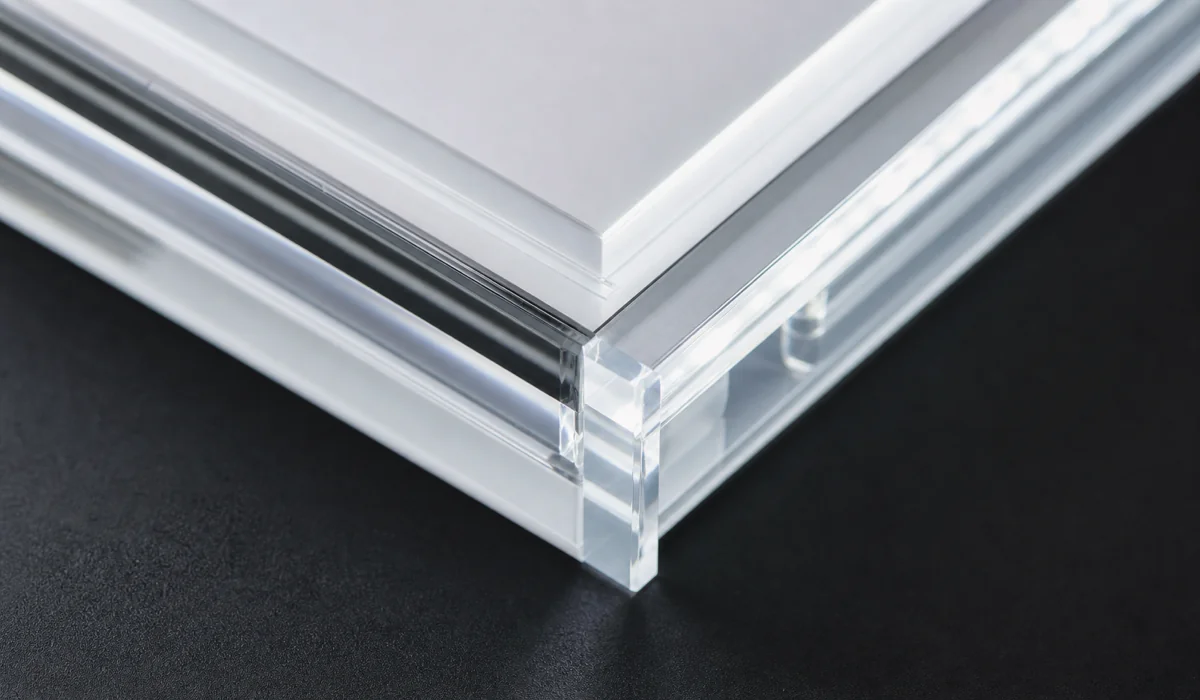 Corner detail of an edge-lit acrylic light box frame showing the diamond-polished PMMA edge and slim profile