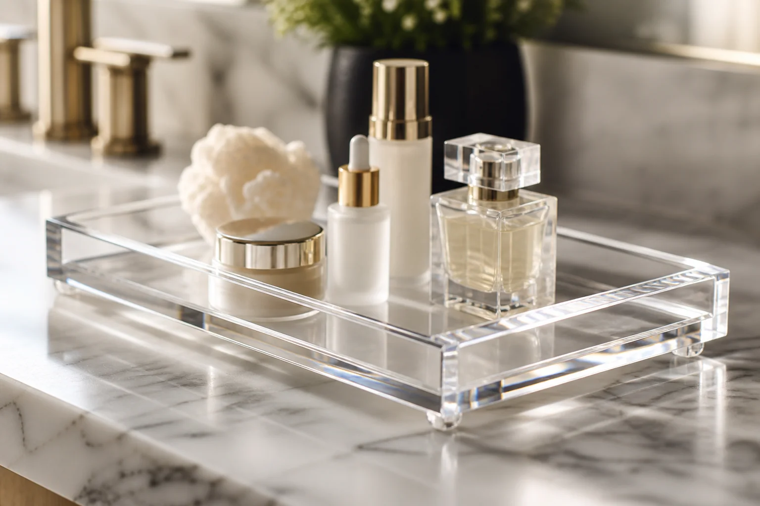 Clear lucite vanity tray with polished beveled edges on a marble bathroom counter, light refracting through the cast PMMA acrylic corners