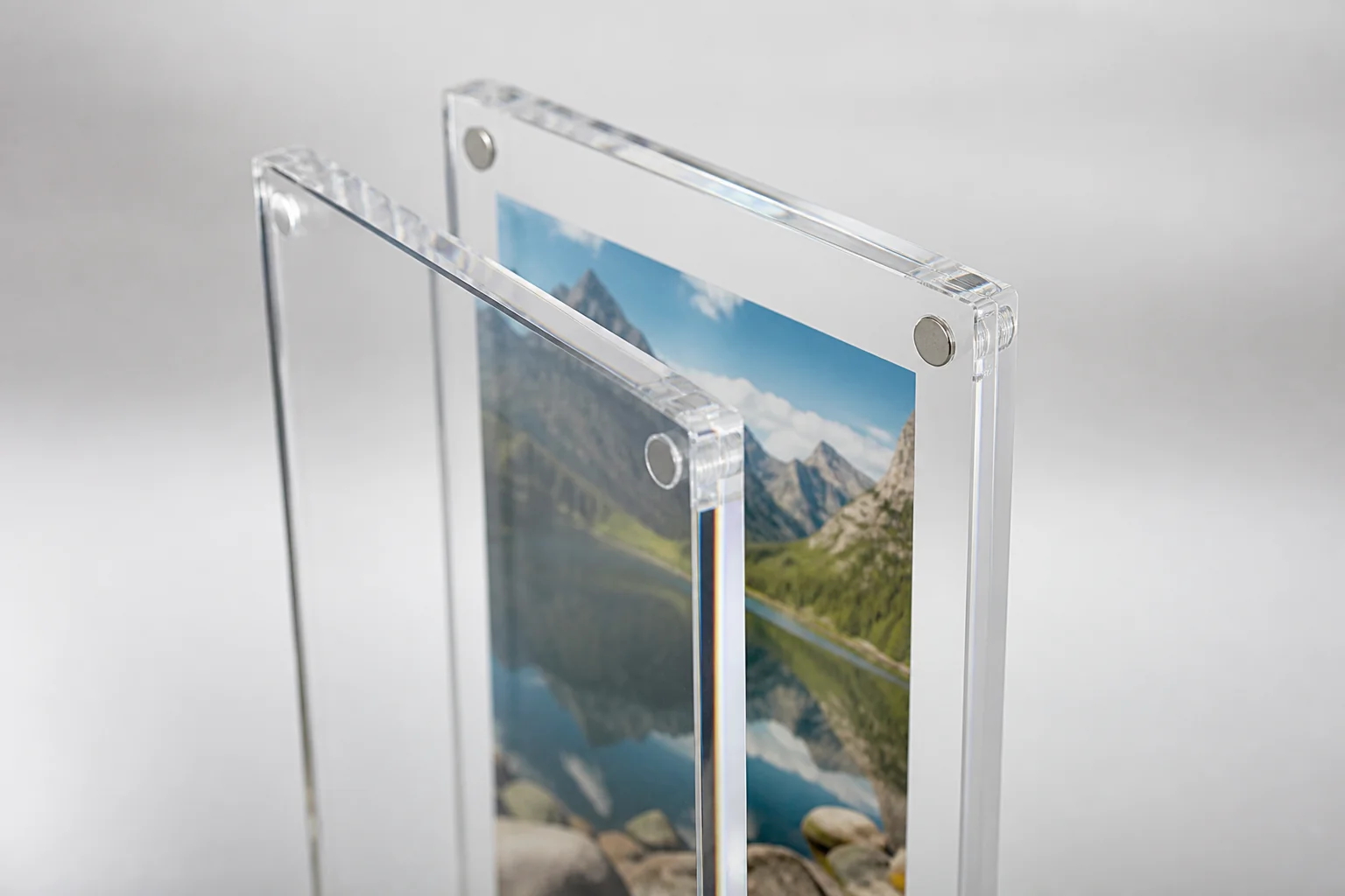 Two clear magnetic acrylic frames standing at an angle, embedded corner magnets visible through the polished panels