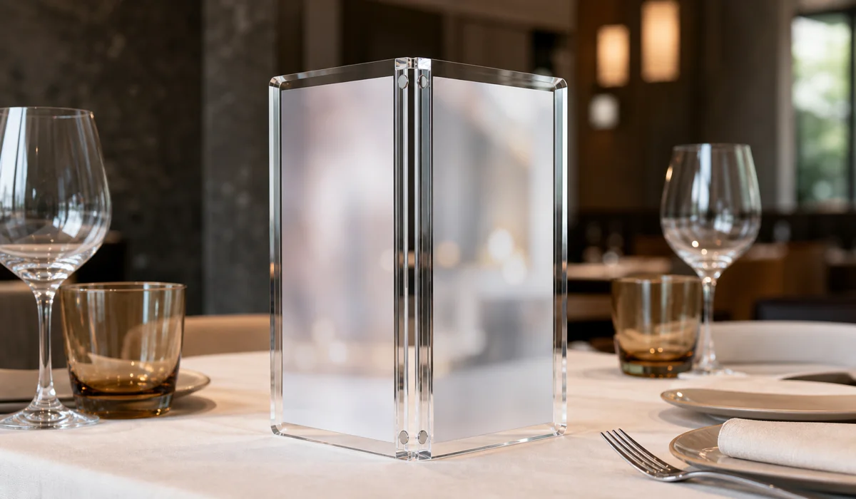 Double sided magnetic frame in clear acrylic standing on a restaurant table as a menu talker, double-sided panel visible in an editorial scene