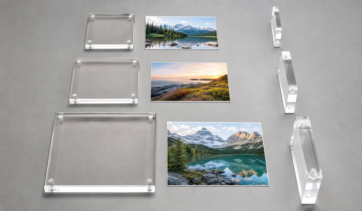 Flat lay of clear acrylic magnetic picture frames in three sizes with printed photo inserts arranged beside them on a neutral studio backdrop