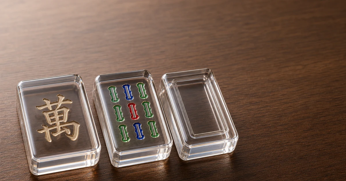 Three mahjong tiles macro side-by-side — laser etched, UV printed, CNC engraved — on a polished walnut surface, soft directional studio light