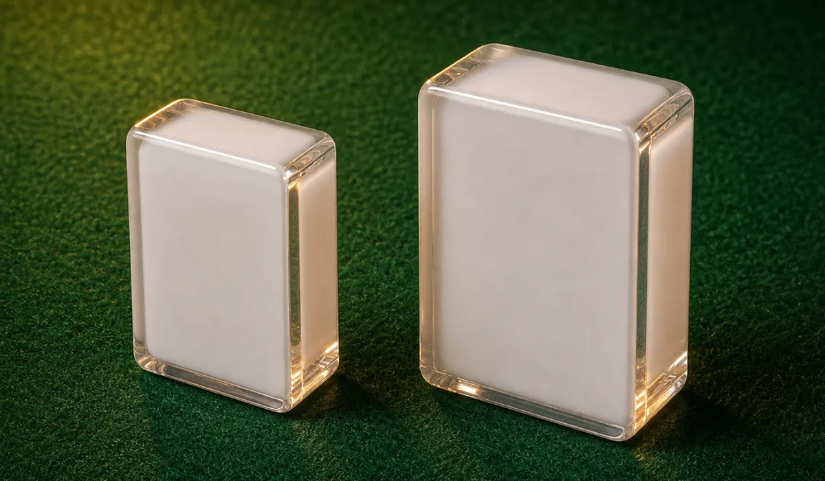 Two translucent cast acrylic mahjong tiles of visibly different sizes side by side on a neutral studio background, macro view showing the depth difference between American and Chinese tile dimensions
