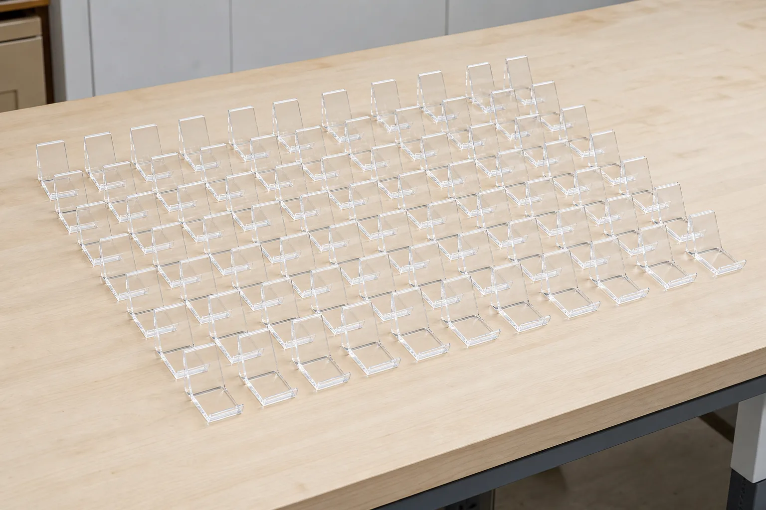 A batch of fifty identical clear acrylic display stands arranged in rows on a workshop table, representing a minimum order quantity production run