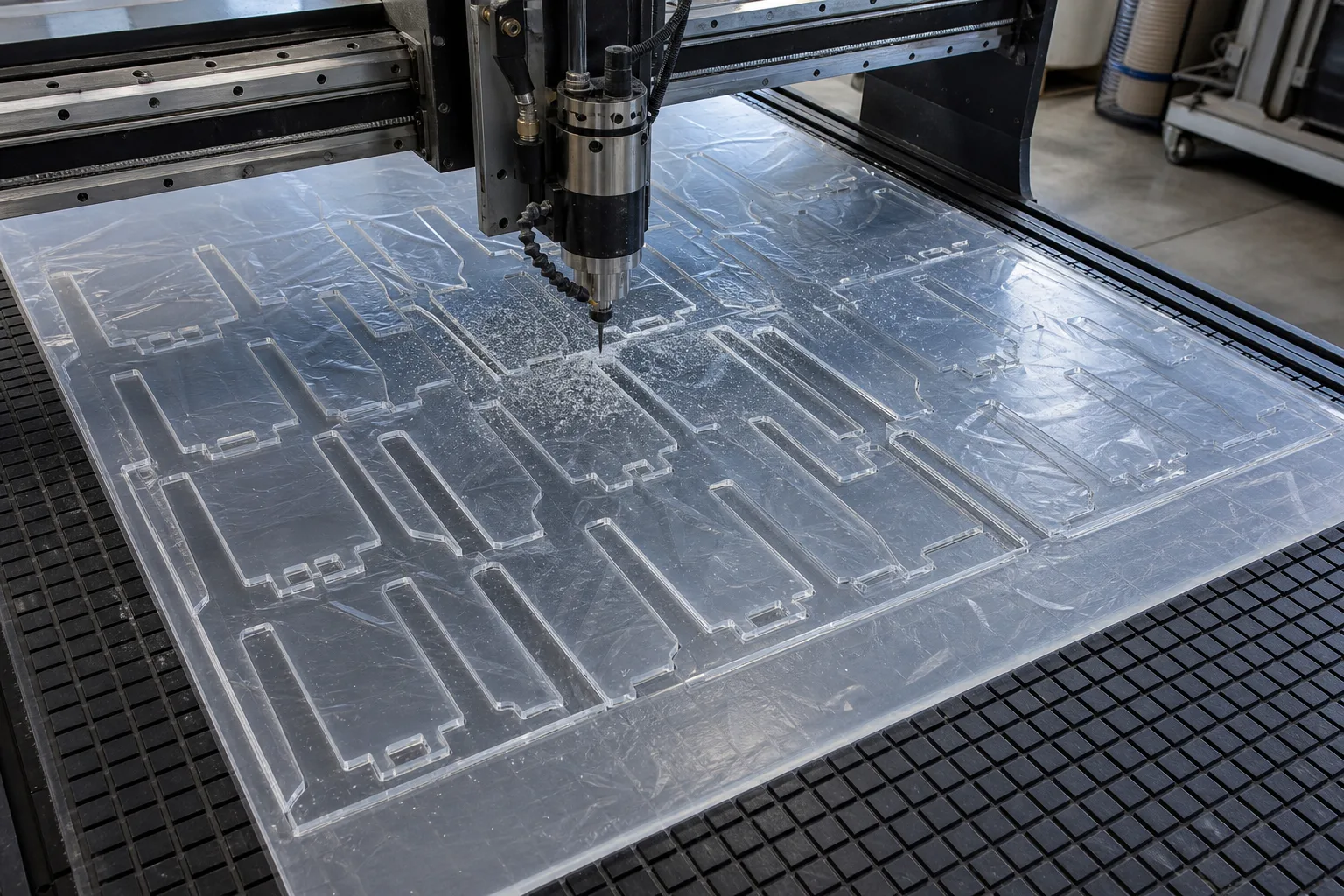 CNC router bed cutting identical acrylic display stand parts from a large clear cast acrylic sheet, nested toolpaths visible across the sheet