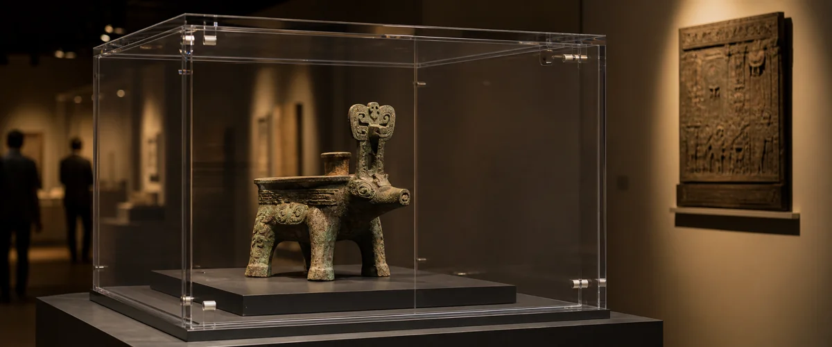 Bronze ceremonial artifact in a custom climate-sealed acrylic museum display case under controlled gallery lighting — museum-grade acrylic vitrine with anti-reflective and UV-protected PMMA