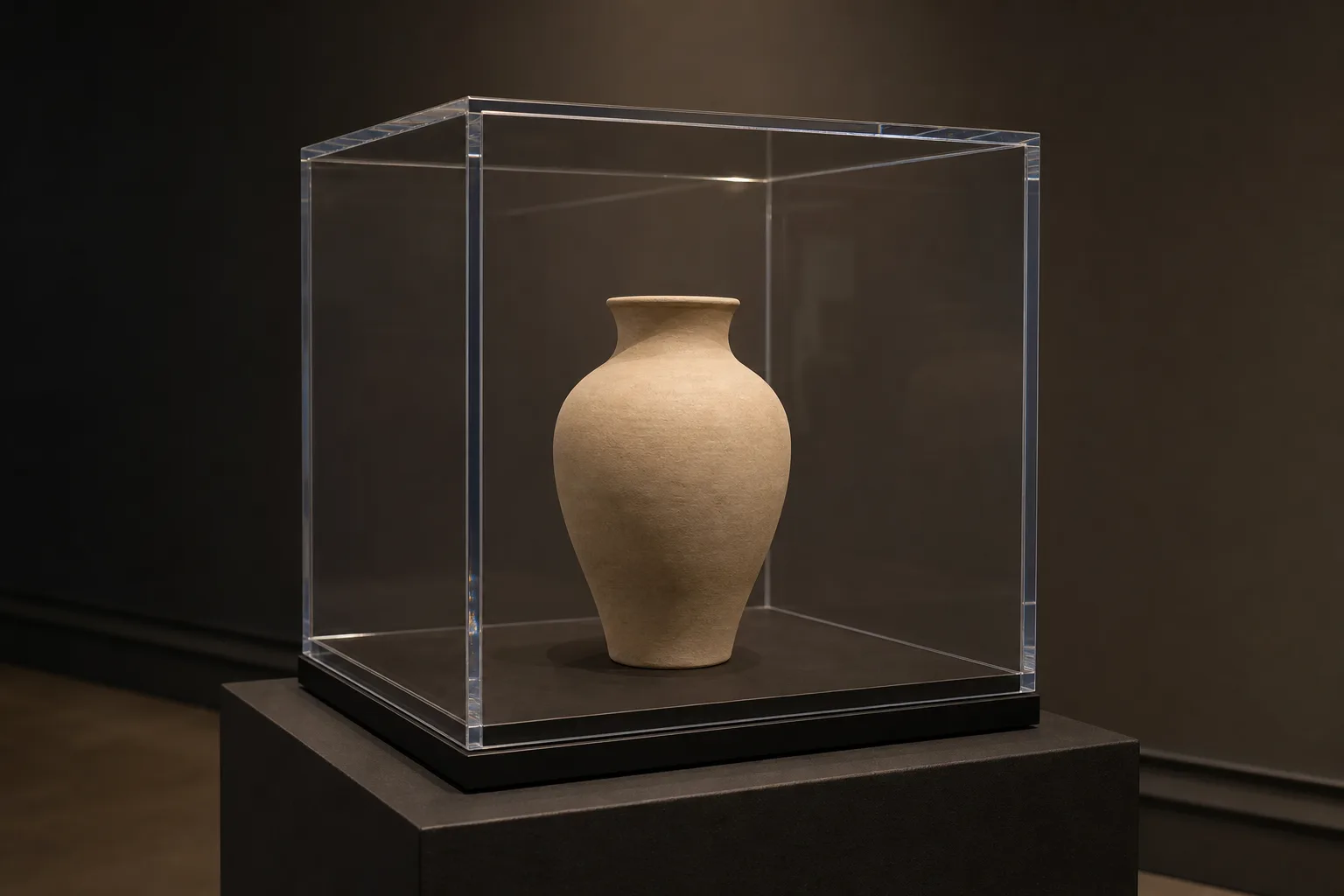 Museum-grade clear acrylic display case with gasketed base holding a ceramic artifact in a dim gallery, the polished PMMA edges catching low light