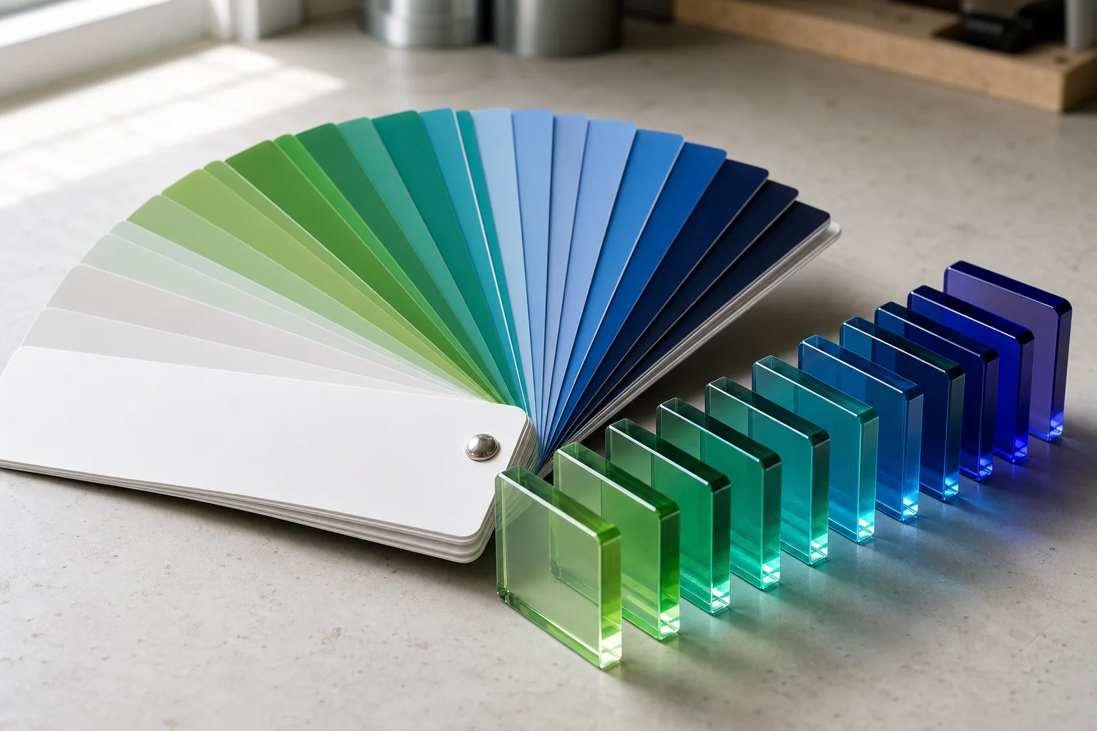 Pantone color fan deck open beside custom-tinted acrylic sample chips in matching brand colors on a workshop table, glossy cast acrylic swatches catching the light
