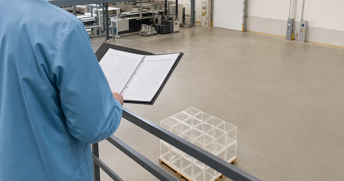 Illustrative acrylic factory scene with a QC inspector reviewing supplier-comparison documents beside finished display cases