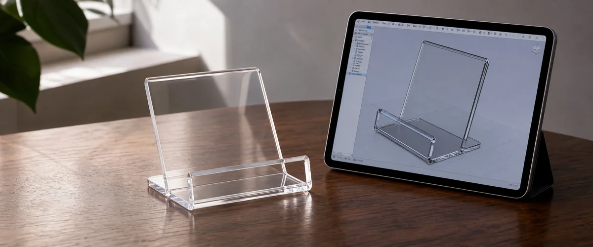 Brand buyer comparing a 3D render of an acrylic display on a tablet with a physical acrylic sample held in hand, showing visible color and edge differences during a B2B sample approval review