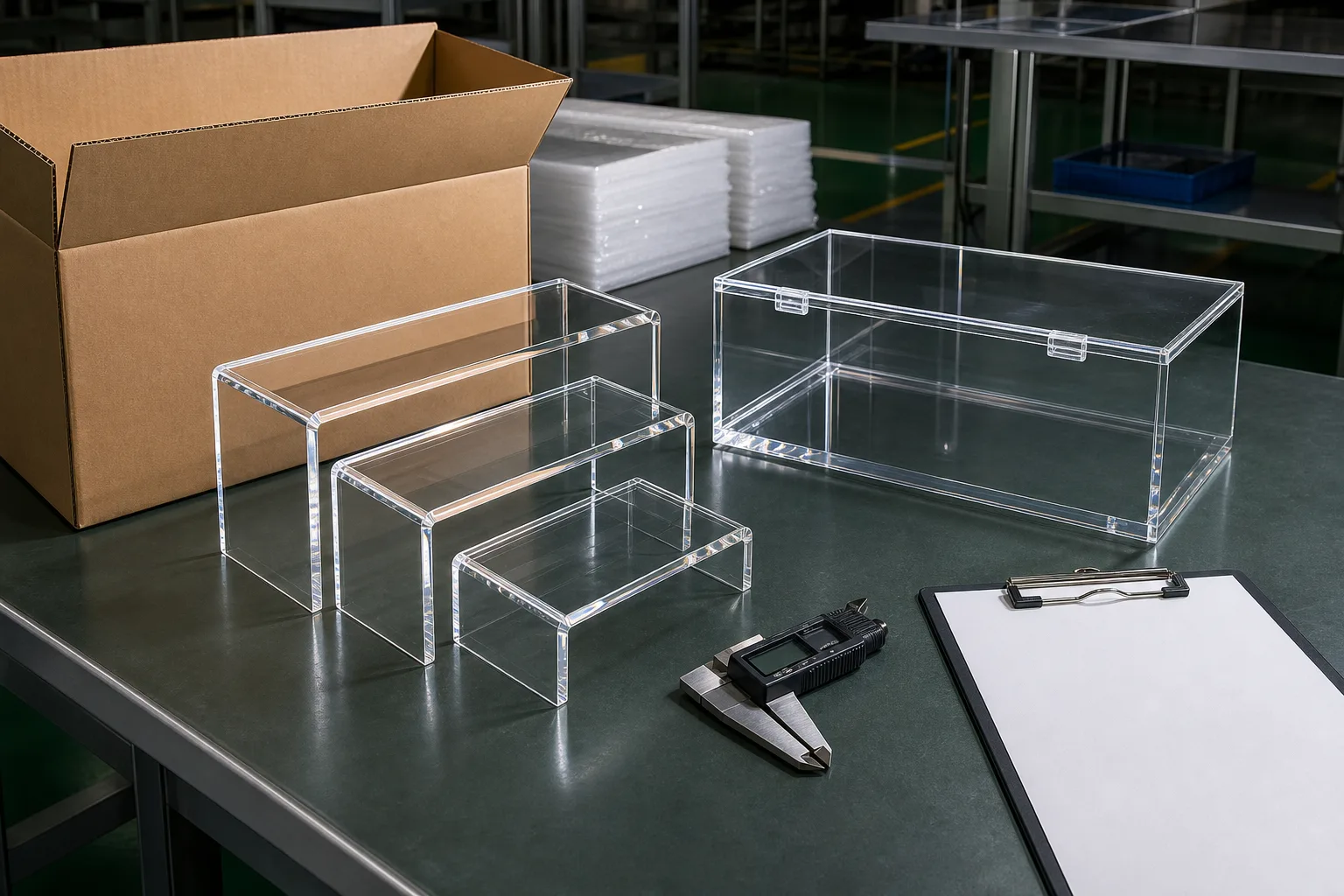 Pre-shipment inspection of an acrylic display order — clear acrylic risers under raking inspection light beside a caliper, checklist clipboard, and open shipping carton