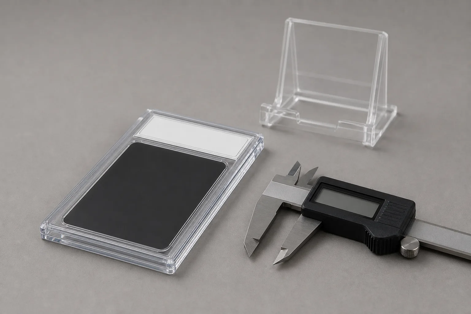 Encapsulated PSA graded card slab lying next to digital calipers on a neutral surface, with a clear acrylic slab display stand behind it, illustrating psa slab dimensions measurement