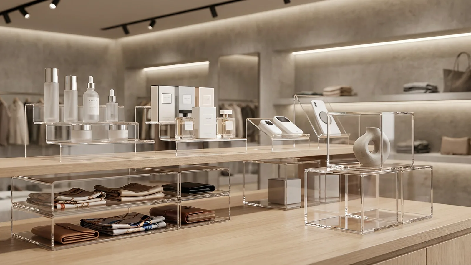 Retail acrylic display concepts arranged in a boutique store setting