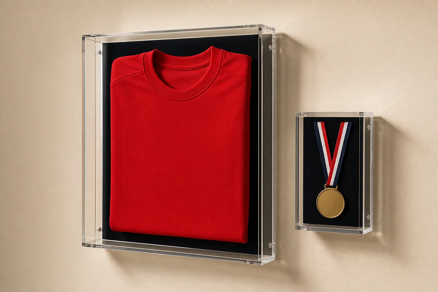 Wall-mounted acrylic shadow box frame with black velvet backing displaying a folded sports jersey, beside a shallower shadow box frame holding a military medal set