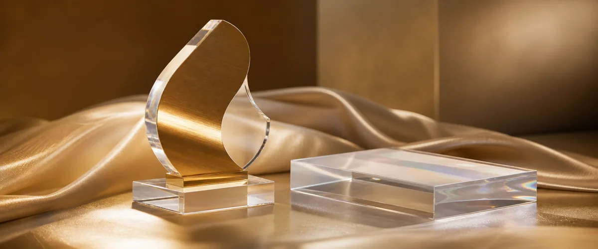 Metallic gold acrylic award block and pearlescent acrylic display panel under directional studio lighting — premium PMMA specialty finish examples