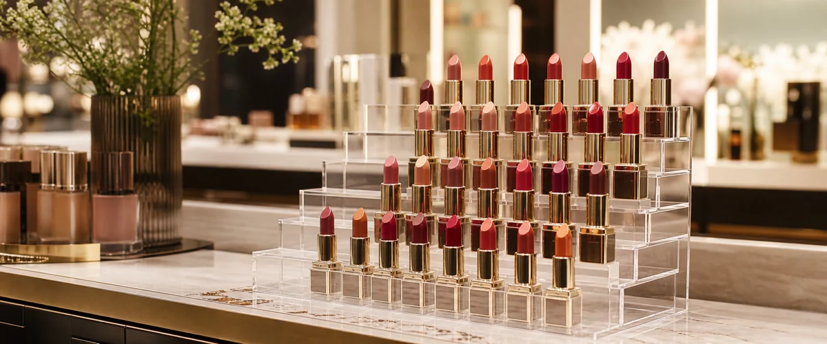 Cosmetics counter scene with a 5-tier clear acrylic riser hosting 22 lipstick and foundation SKUs under warm retail LED, polished counter and softly blurred prestige beauty environment in the background