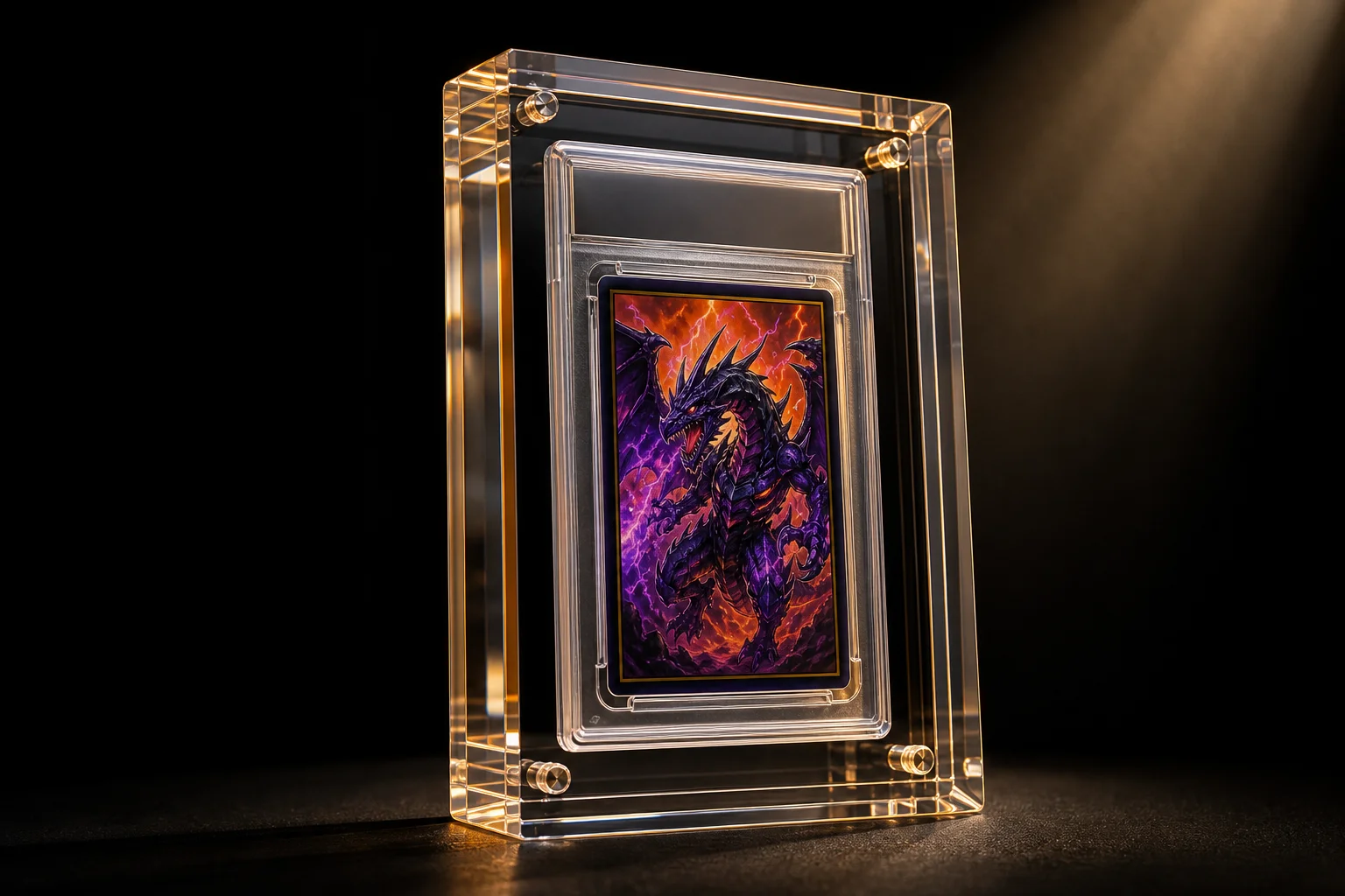 PSA graded card slab inside UV-filtering acrylic case under soft directional light
