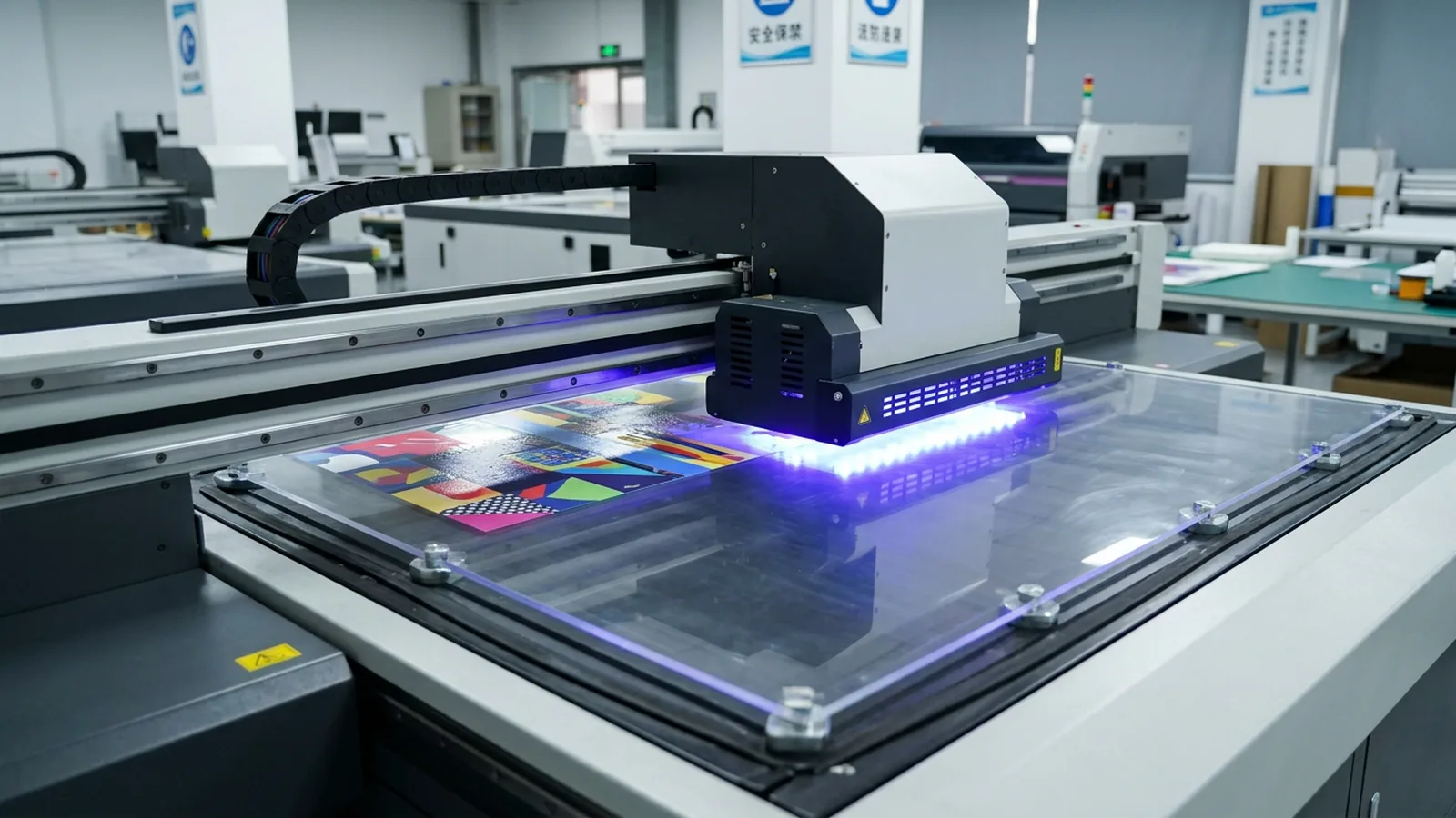 UV printer head depositing CMYK + white ink on a clear acrylic sheet